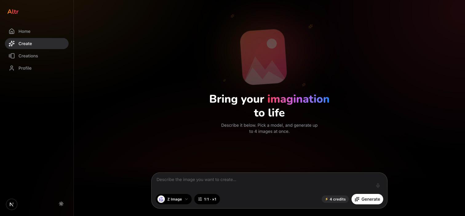 The Altr AI Images screen: describe the image you want, pick a model and aspect ratio, and generate up to four images at once